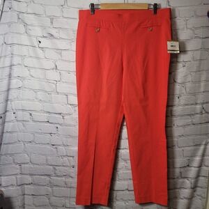 Anne Klein Poppy Red Pull On Trousers Gold Button Accent Size 14 10682402-E24